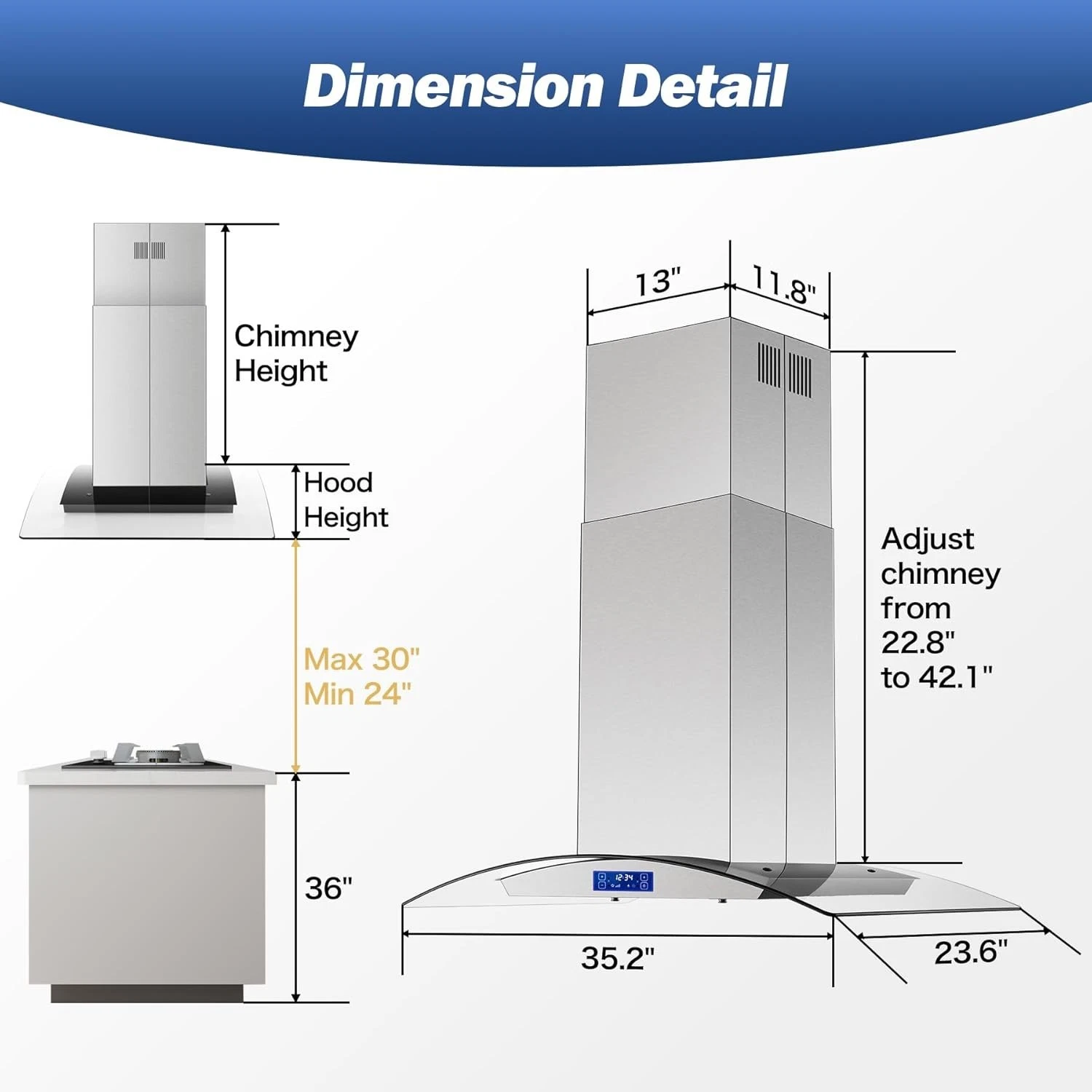 36 Inch Island Range Hood 900CFM Gesture & Touch Control Ceiling Mount Stainless Steel Ducted/Ductless Convertible, Ceiling Mount Vent Hood, Baffle Filter Exhaust Fan Extractor