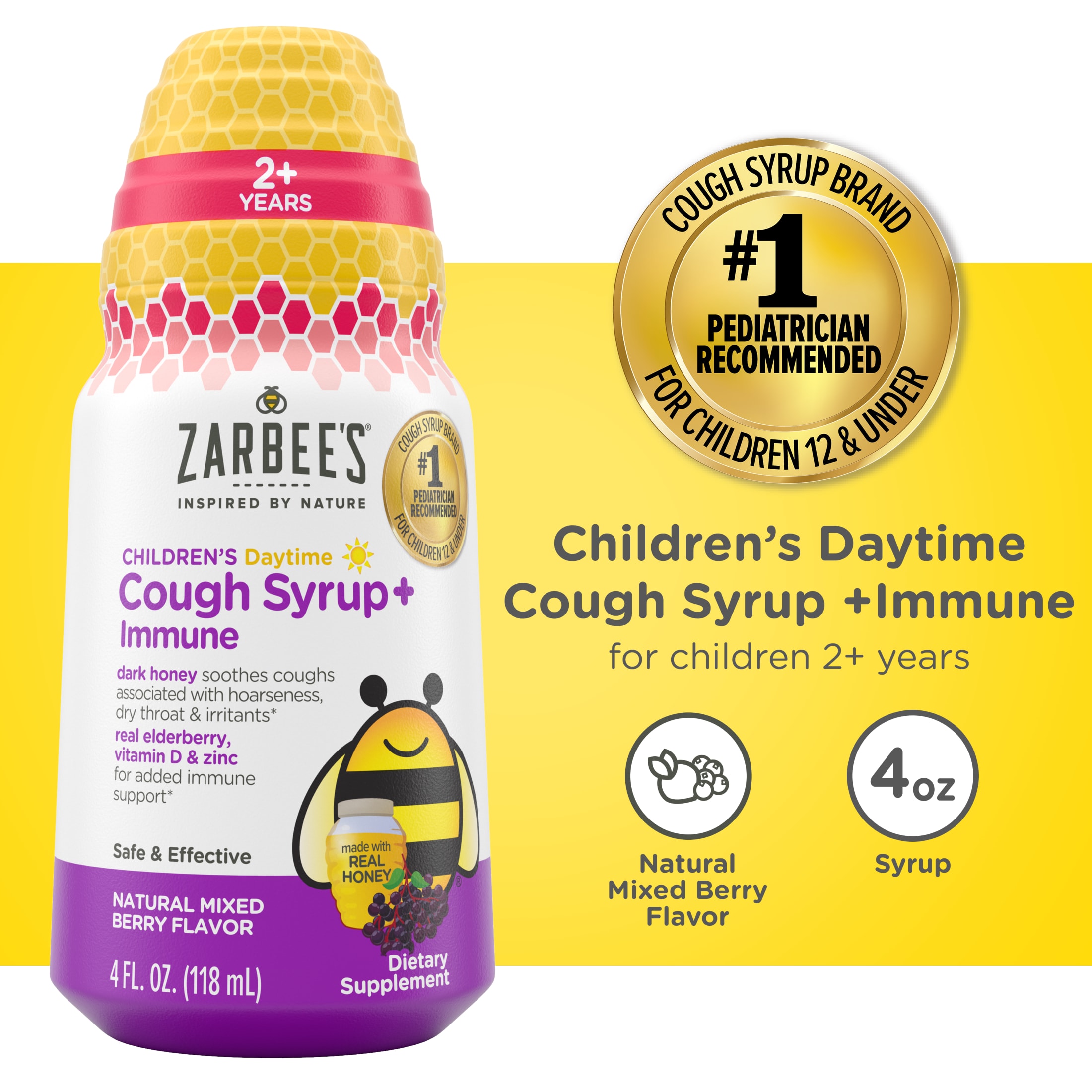 (4 pack) Zarbee's Children's Day Honey Cough Syrup + Immune, Berry, 4 fl. oz