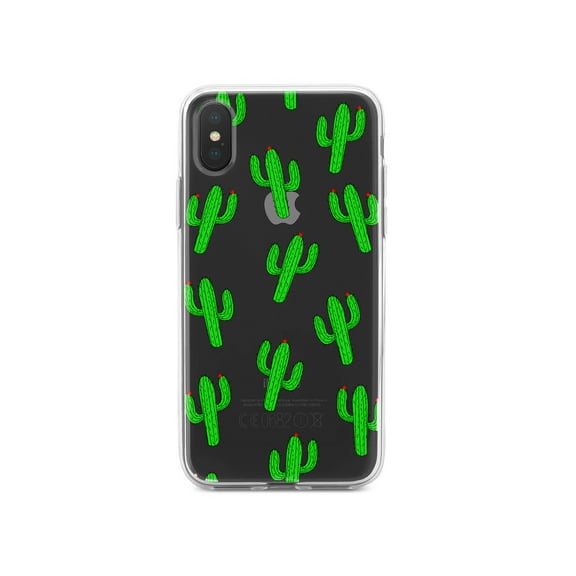 DistinctInk Clear Shockproof Hybrid Case for iPhone XR (6.1" Screen) - TPU Bumper, Acrylic Back, Tempered Glass Screen Protector - Repeating Cartoon Cactus