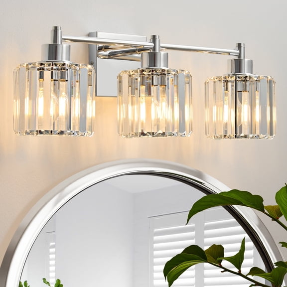 Deyidn Modern 3-Light Bathroom Vanity Light with Crystal Shades, 22 Inch Chrome Dimmable Light Fixture for Mirror