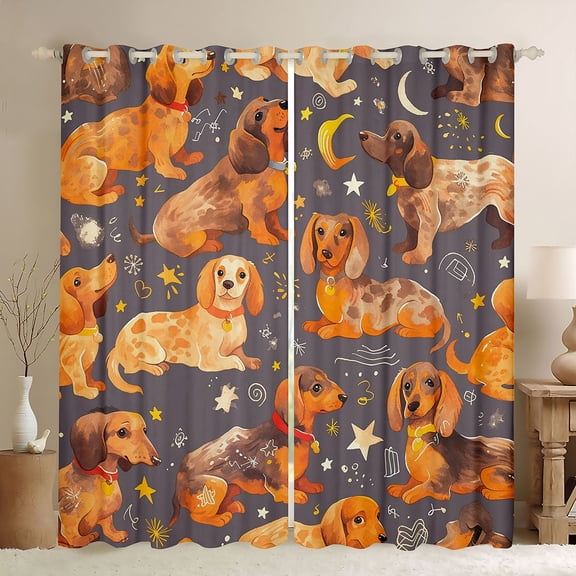 Castle Fairy Cartoon Dachshund Dogs Black Out Curtains for Kids Children,Kawaii Animal Pets Curtains Pack of 2 (42x63 Each),Stars Print Bedroom Curtains,Microfiber Bedroom Decor