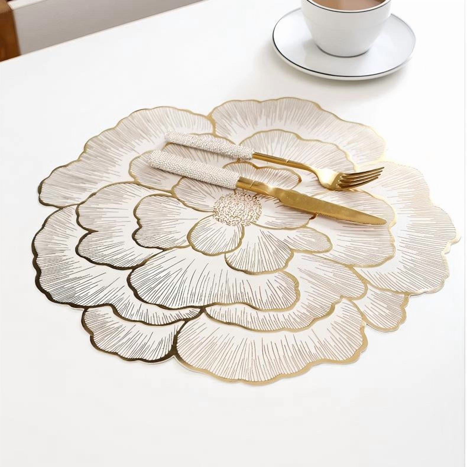 Sinkoo Placemats Set of 8, 15" Round Placemats Gold Metallic Rose Kitchen Table Centerpiece, Vinyl Placemats, Table Place Mats for Dining Table Decor