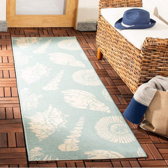 SAFAVIEH Courtyard Harold Seashells Indoor/Outdoor Runner Rug, 2'3" x 6'7", Aqua/Beige