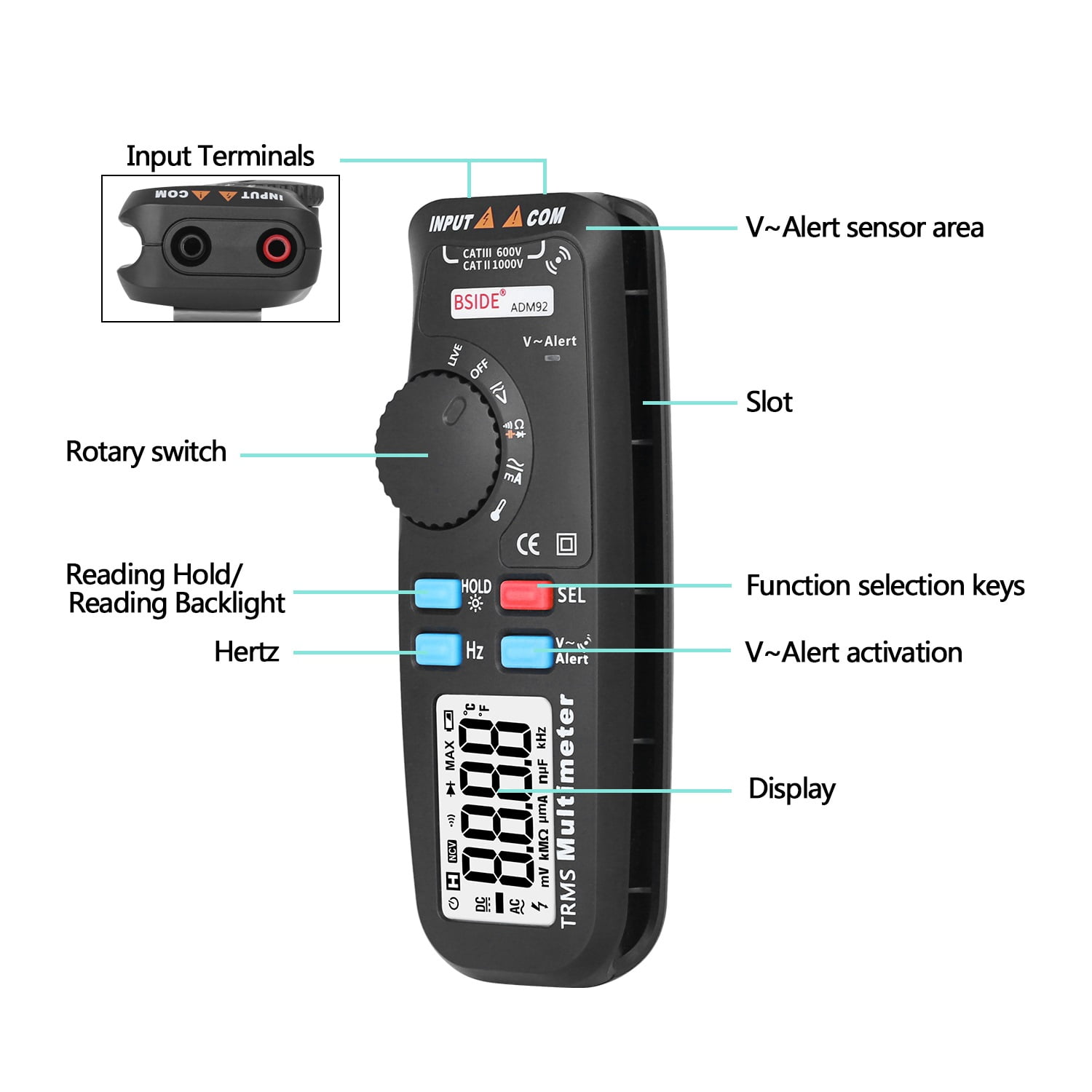 ADM92 TRMS Digital Multimeter Auto Range RMS 6000 Counts Portable Multi Tester Temp Live Check