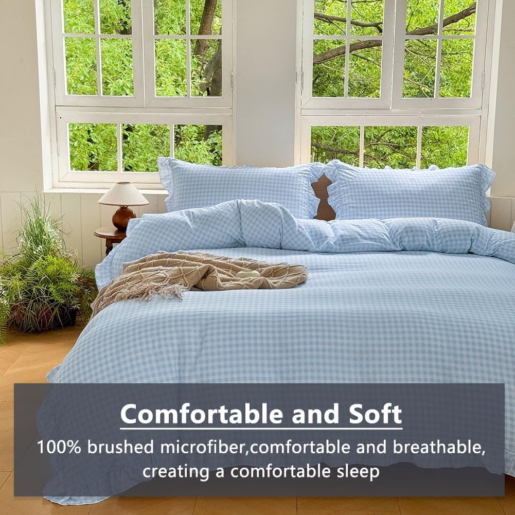 Light Blue Gingham Ruffle Duvet Cover Queen Size, 3 Pieces Soft Pre-Washed Microfiber Checked Plaid Comforter Cover Set, Vintage Farmhouse Bedding Set(Blue Gingham, Queen 90"x90")