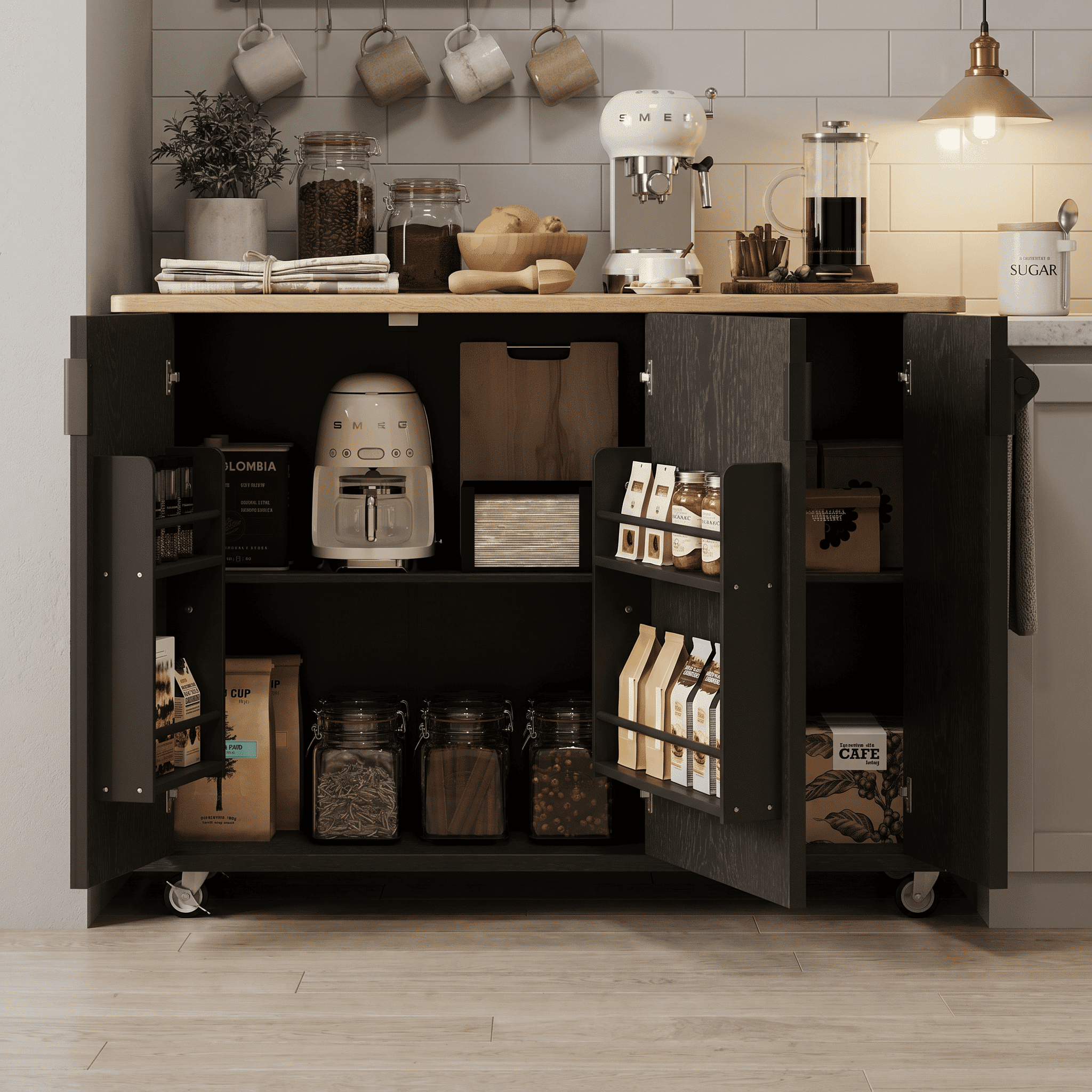 Homy Casa 51.3" Black Rolling Kitchen Island with Drop Leaf, Storage Cabinet and Adjustable Shelves