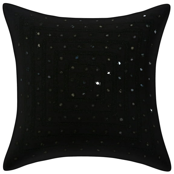 Stylo Culture Indian Chair Seat Throw Pillow Cover Boho Embroidered 16 x 16 Mirrored Black Bohemian 40x40 cm Lounge Decor Cotton Geometric Square Cushion Cover | 1 Pc