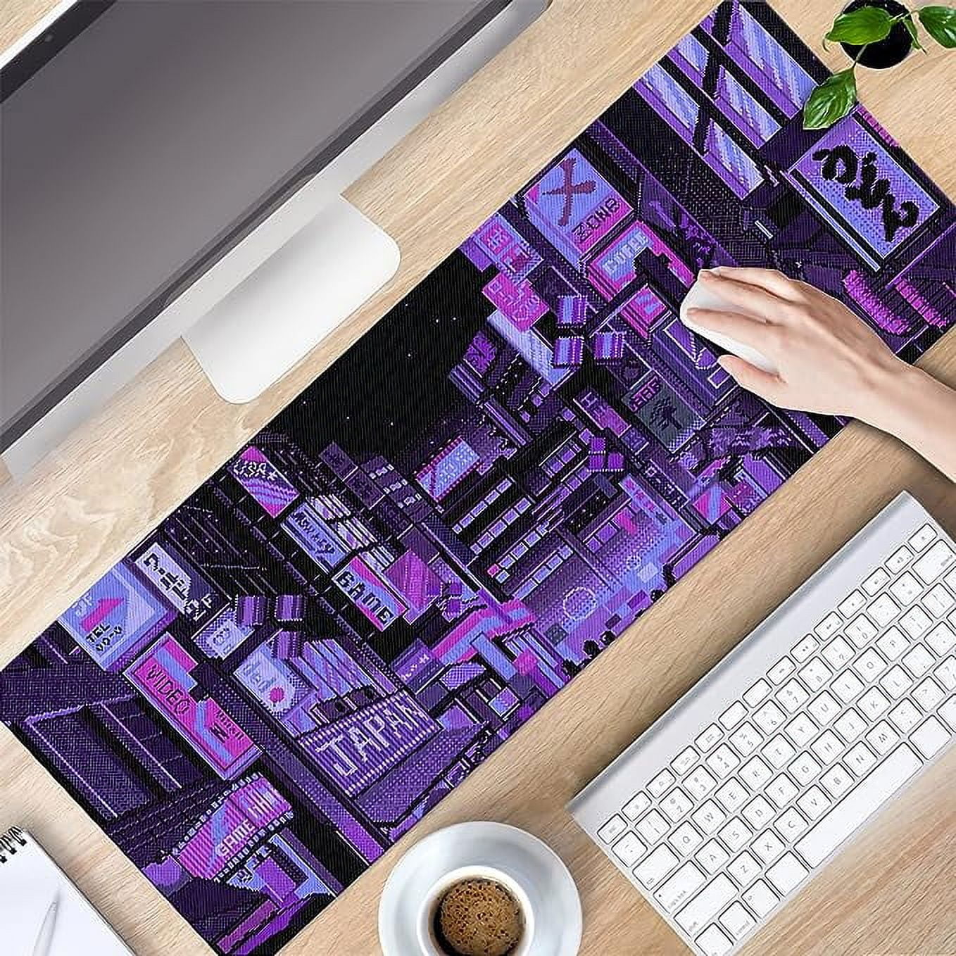 Dark Purple Japanese Anime Retro Vaporwave Mouse Mat Computer Pad for Lap Desk Mat Anime Mouse Pad Kawaii Large Gaming Pad for Mouse and Keyboard