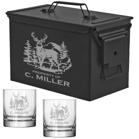 ROLYAD 50 Caliber Ammo Box Metal Ammunition Case Steel Storage Can with 11oz Rocks Whiskey Glasses (Deer Hunting Scene) Black