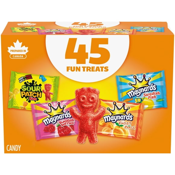 Friandises Maynards, bonbons gélifiés assortis (emballage de 45), Sour Patch Kids, Fuzzy Peach, Swedish Berries, Swedish Fish, friandises en vrac, emballées individuellement, friandises surettes 562 g