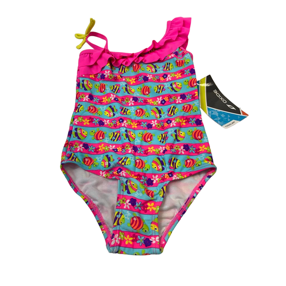 Oxide Toddler Girls Fish and Turtles Ruffled Swimwear One pc, Knockout Pink, 4