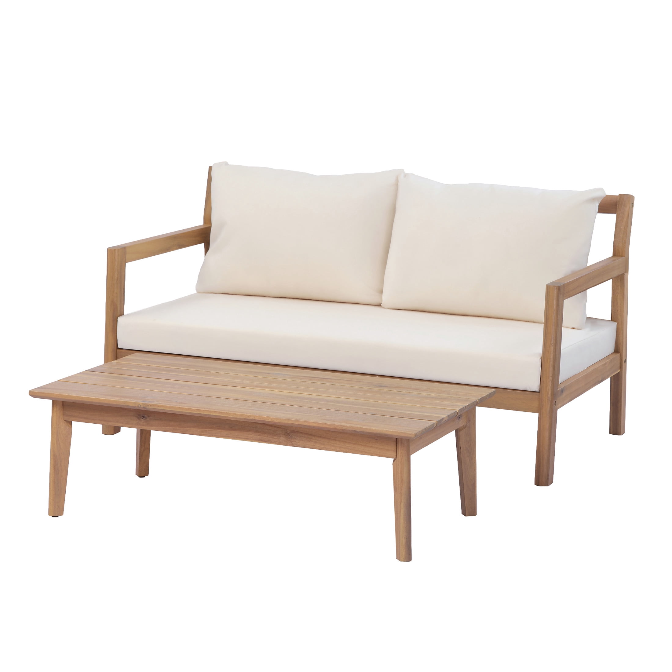 Christopher Knight Home Modern Outdoor Loveseat and Coffee Table Set with Cushions, Light Teak+Beige
