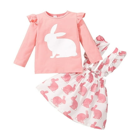 

Easter Kids Toddler Baby Girls Long Ruffled Sleeve T Shirt Tops Cute Cartoon Rabbit Suspender Skirt Outfits Set 2PCS Baby Shoes