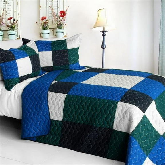 Moment - Vermicelli-Quilted Patchwork Geometric Quilt Set Full & Queen Size - Blue