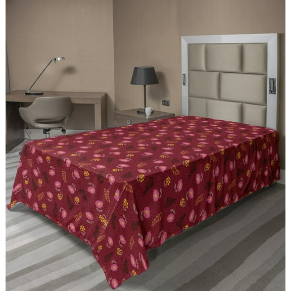 Floral Flat Sheet, Illustration of Flowers Forest Leaves and Polka Dots, Soft Comfortable Top Sheet Decorative Bedding 1 Piece, 6 Sizes, Ruby Pink, by Ambesonne