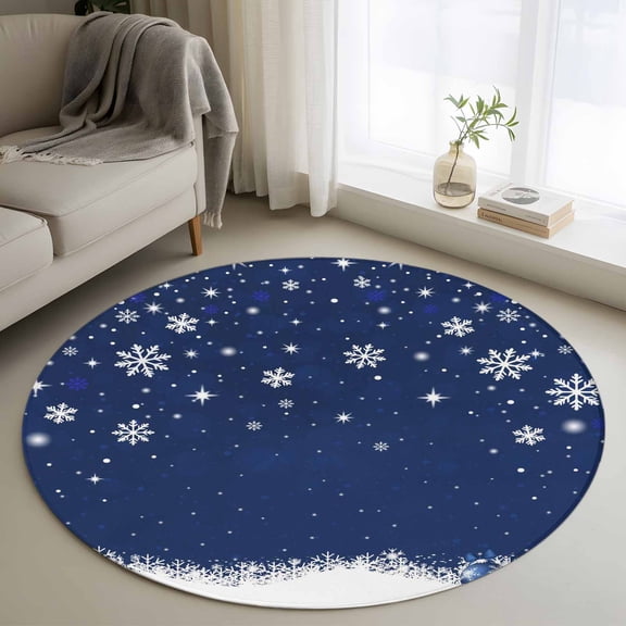 Navy Blue Christmas Round Rug 3ft Washable Circle Entryway Rugs Non Slip Xmas Snowflake Ball Winter Snowflake Area Rug Indoor Floor Carpet for Bedroom Kitchen Living Room Office Dining Room Nursery