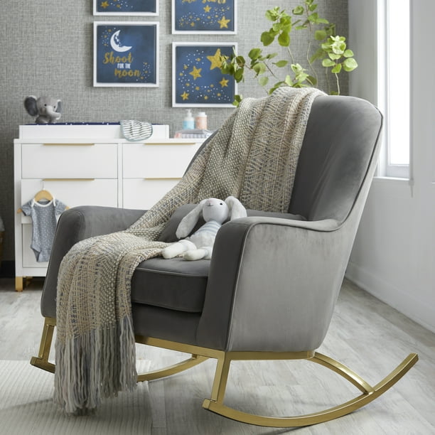 MoDRN Glam Velvet Rocking Chair, Grey with Satin Brass