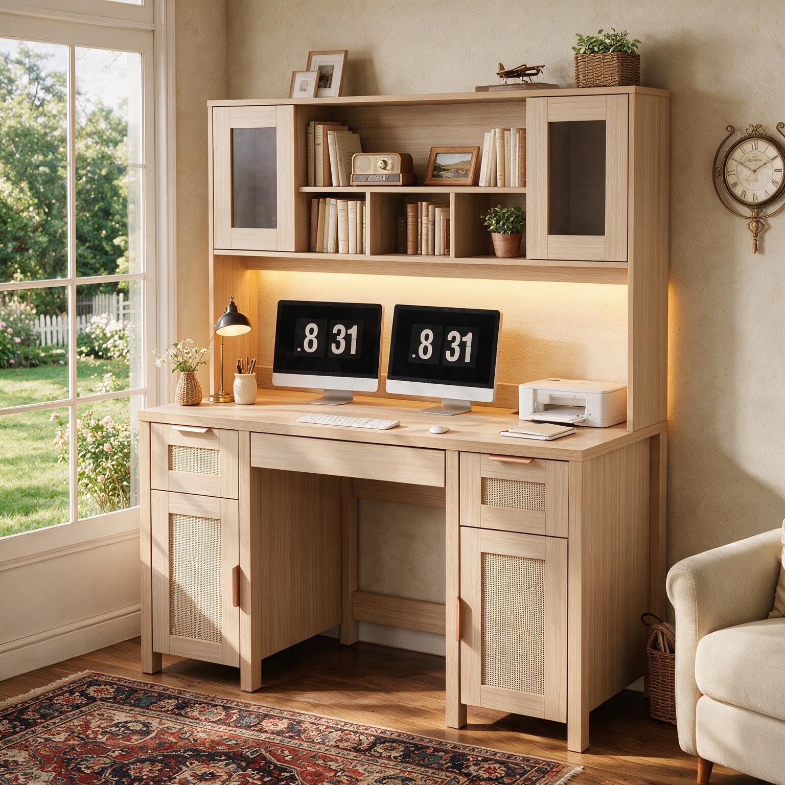 3-Tier Bookshelf Desk Wooden Office Writing Table with Storage Shelves for Study Bedroom & Workspace