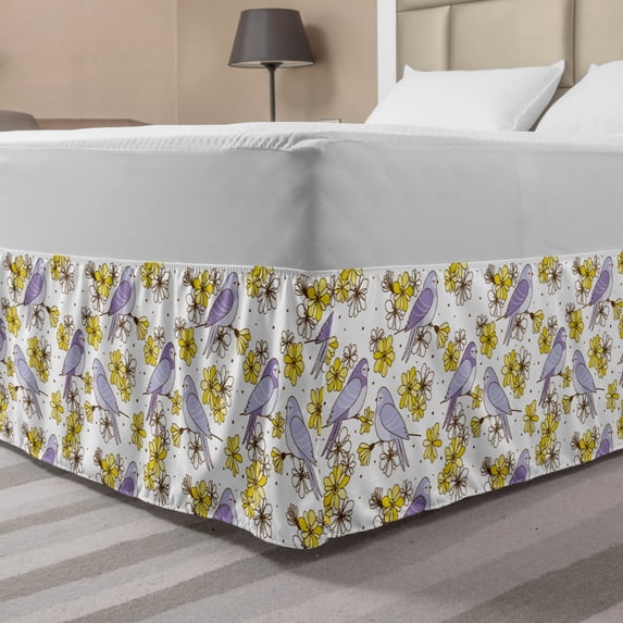 Spring Bed Skirt, Swallow Birds Sitting on Flower Branches Happiness Season Blossoms Cartoon, Elastic Bedskirt Dust Ruffle Wrap Around for Bedding Decor, 4 Sizes, Mauve Brown Mustard, by Ambesonne