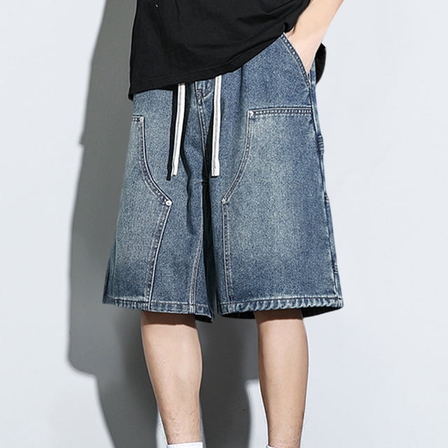 Styesk Mens Shorts Men's Outdoor Pocket Elastic Waist Drawstring Solid Color Denim Wide Leg Shorts