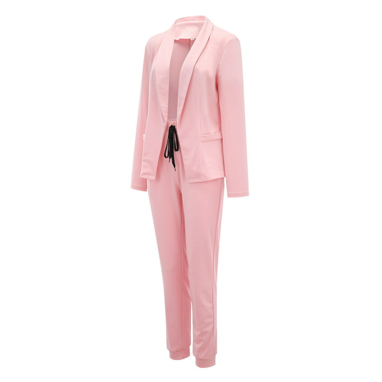 TANGNADE Women's Two-piece Lapels Suit Set Office Business Long Sleeve  Formal Jacket Slim Fit Trouser Suit Pink L 