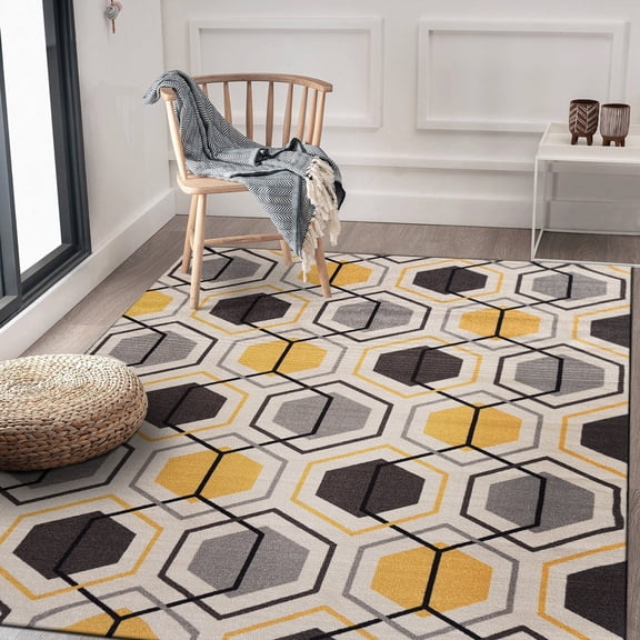 World Rug Gallery Contemporary Geometric Stripe Non-Slip (Non-skid) Area Rug - Yellow 5'3" x 7'3"