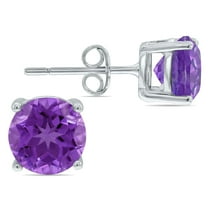 SZUL Women's 6MM Round All-Natural Genuine Amethyst Earrings in .925 Sterling Silver