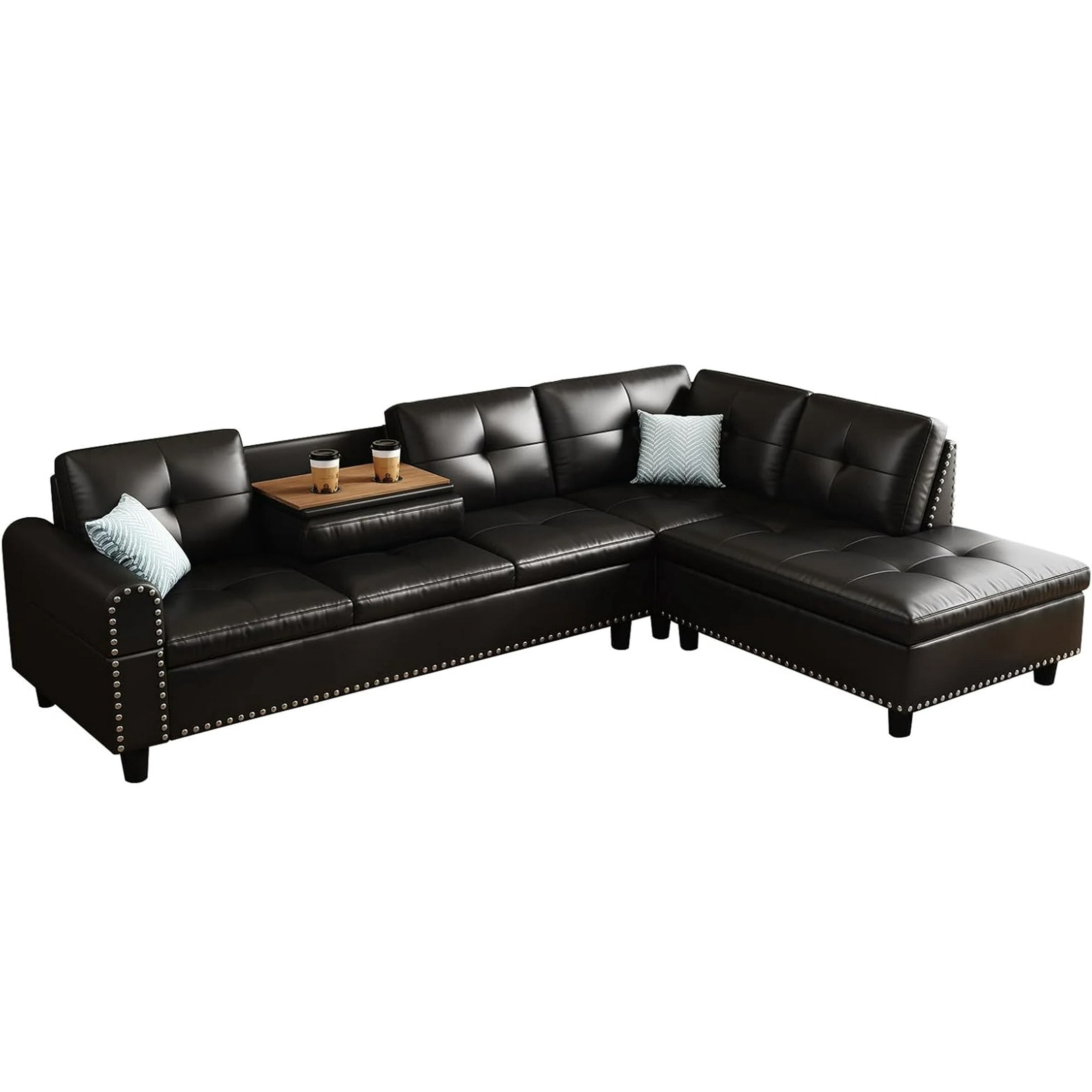 AENKYO 98" L-Shaped Sectional Sofa with Reversible Chaise and Cup Holders, Faux Leather, Black