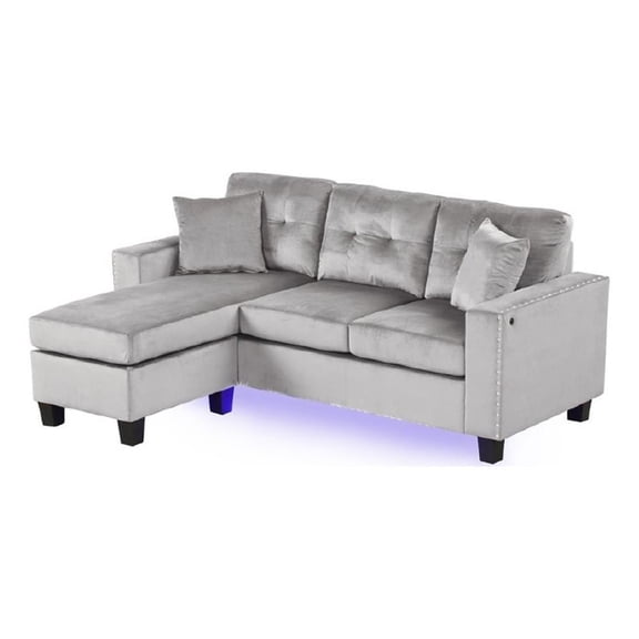 Renza 74 Inch Reversible Sectional Sofa w Chaise- LED USB- Gray Velvet