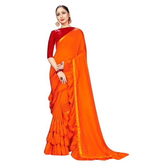 Sarees for Women Georgette Ruffle - Frill Saree | Ethnic Indian Gift Traditional Wedding Gift Sari with Unstitched Blouse Orange