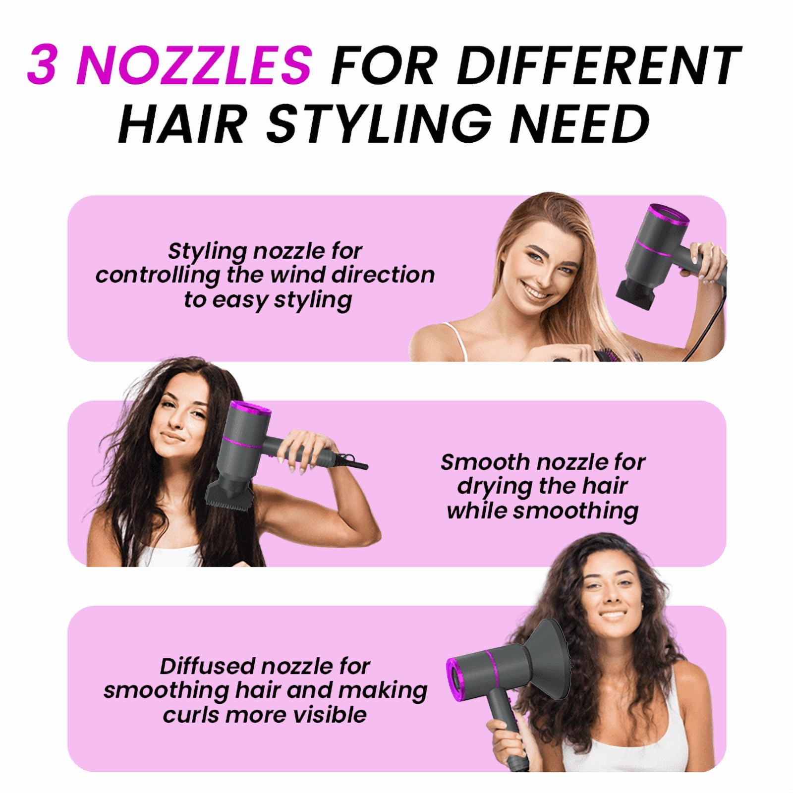Hair Dryer-Fast Drying Ionic Blow Dryer-Updated 1800 W Low Noise Technology with Diffuser&Smooth Nozzle，with 3 Heat Settings