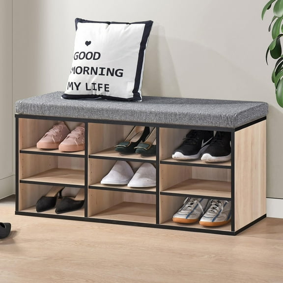 Kings Brand Furniture Apollo 9-Cube Shoe Organizer – Adjustable Shelves for Entryway & Closet Storage, Oak Finish with Black Edge