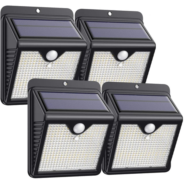 Lámpara solar para exteriores, paquete de 4, 150 LED, sensor de movimiento, iluminación solar para exteriores, luz solar inalámbrica impermeable, potente seguridad para jardín