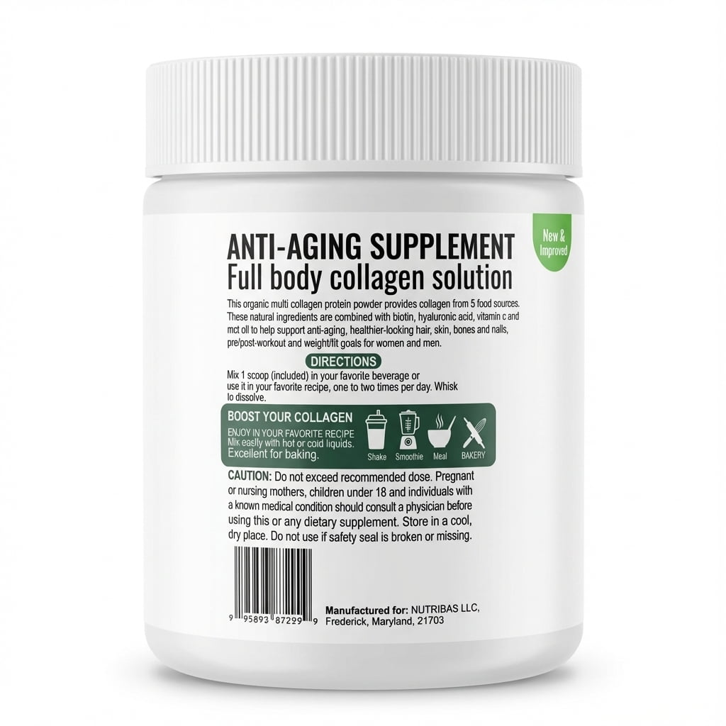 Nutribas Protein Multi Collagen Peptides Powder Whole Body Support Formula With MCT, Vitamin C, Biotin & Hyaluronic Acid , Unflavored, 2 lbs