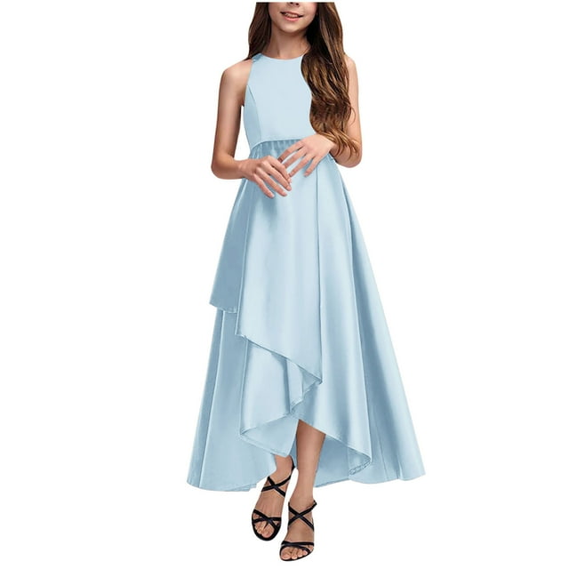 Bwiyojiz Tailles Mode 110-160 Robe de Performance Confortable Unie pour Filles Sans Manches à Col Rond Jupe Longue pour Enfants, Or