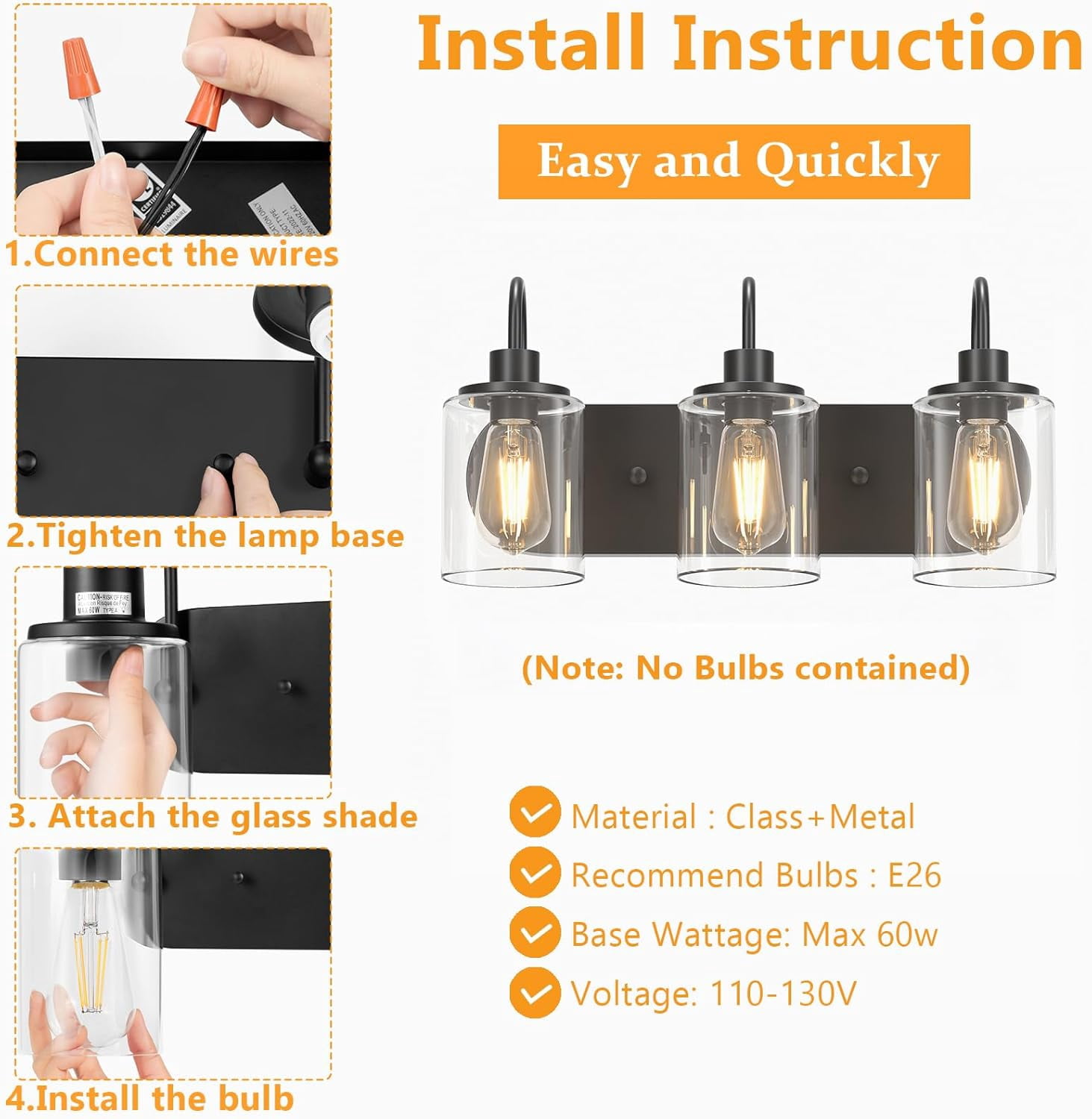 Bathroom Vanity Light 3 Lights Black Vanity Lighting Fixture over Mirror Light with Clear Glass Shades for Hallway, Kitchen, Living Room, Bedroom