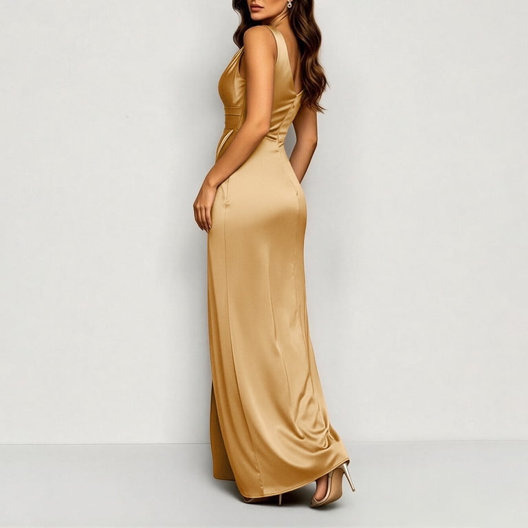 silk bodycon prom dresses aohooy Satin Dress for Women Long Mermaid Evening Gown Sleeveless Ruched Dress High Slit Formal Cocktail Maxi Dress Gold,L Nina Leonard Neck Colorblock salepage Worry Return Color:Dark Heather