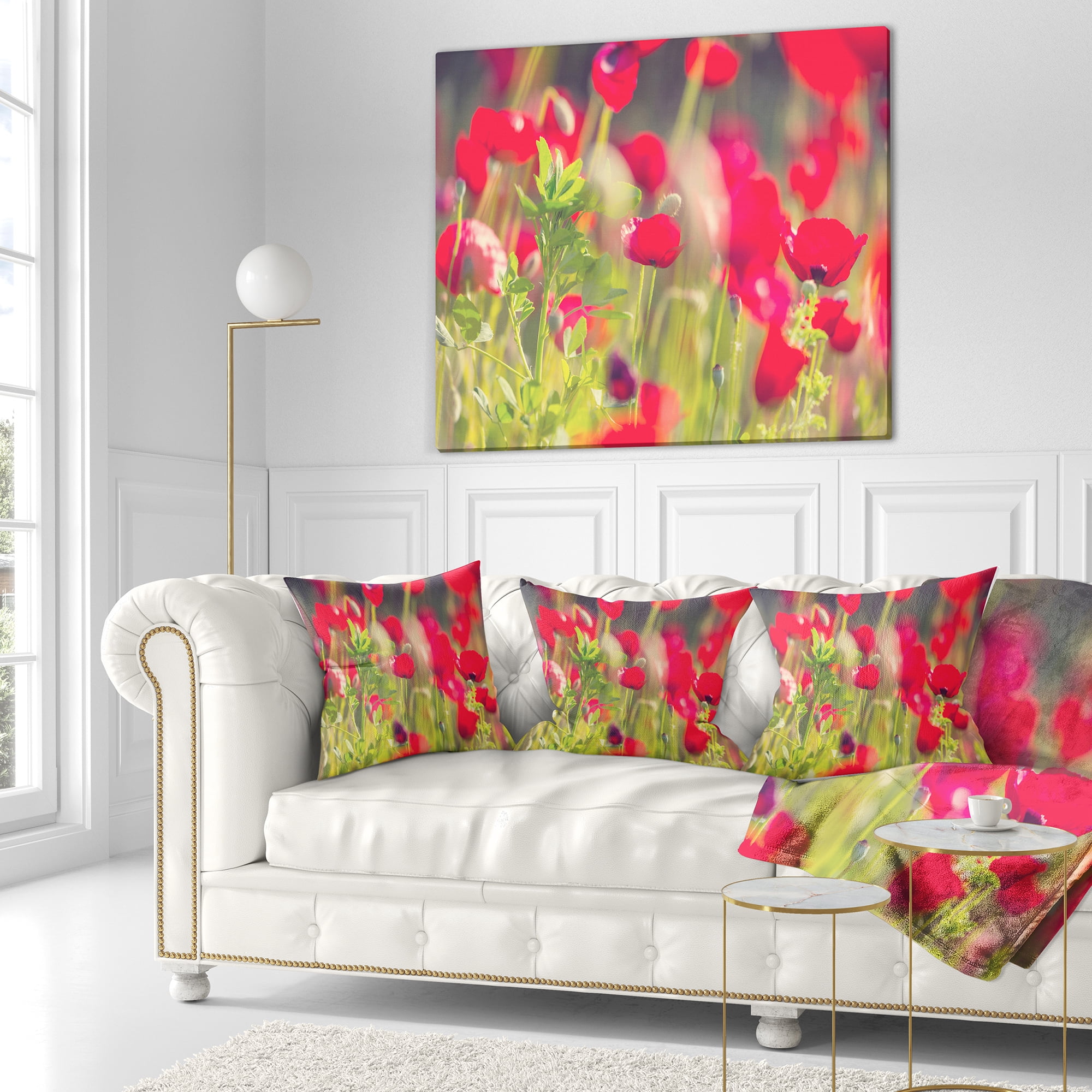 Designart Red Poppies on Green Background - Flower Throw Pillow - 18x18