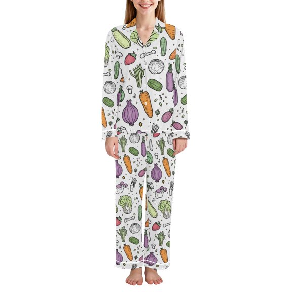 FORMRS Womens Pajama Set Long Sleeve Top and Pants with Pockets Soft Comfy Lounge Sleepwear, Sizes S-2XL, Purple Vegetables Pattern