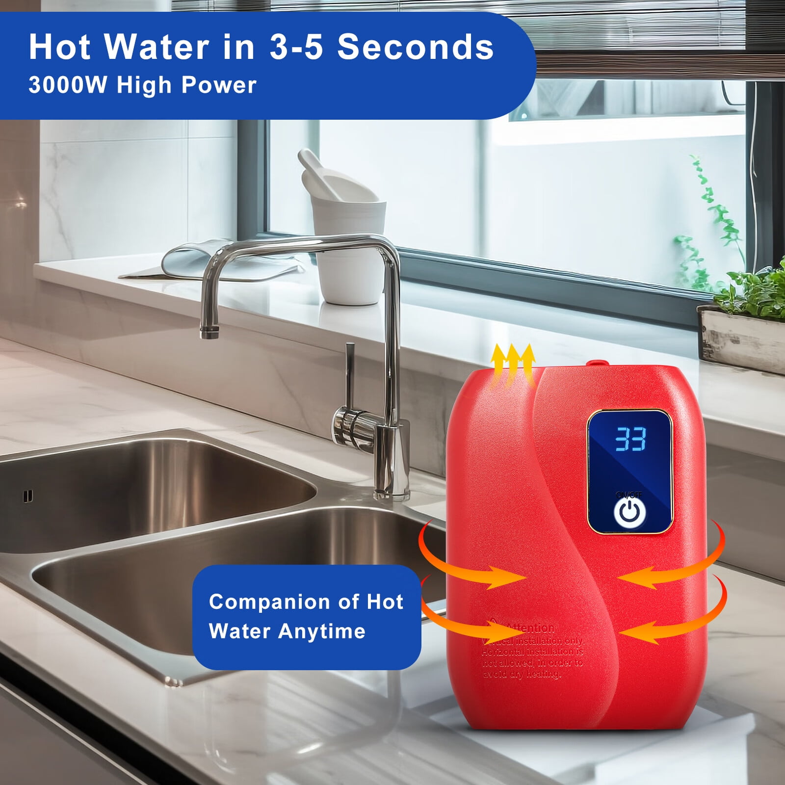 3000W Electric Tankless Water Heater 110V Mini Instant Electric Hot Water Heater Home Floor-Mounted Under Sink Water Heater for Kitchen Bathroom 20-50°C Red