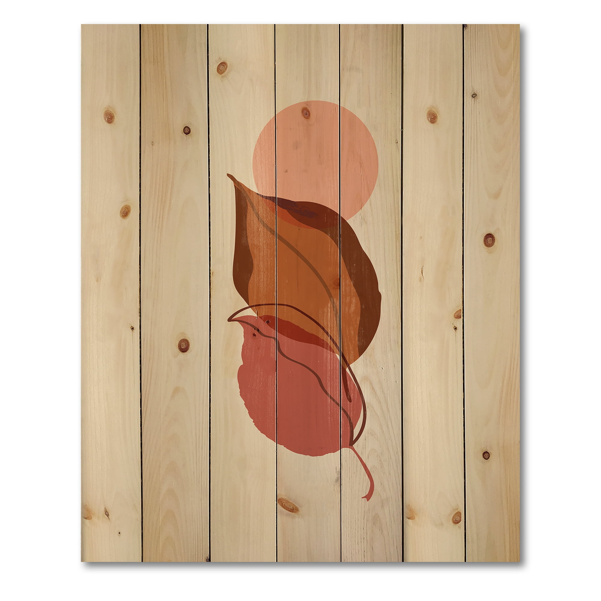 Designart 'A Red Full Moon Over Two Autumn Leaves' Modern Print on Natural Pine Wood