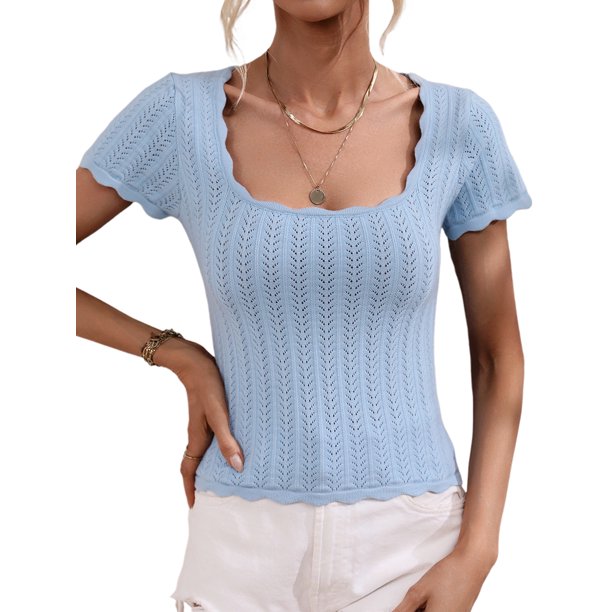 MAWCLOS Ladies T Shirt Square Neck Knit Tops Solid Color Tee Plain Holiday  Short Sleeve Tunic Top Light Blue XL