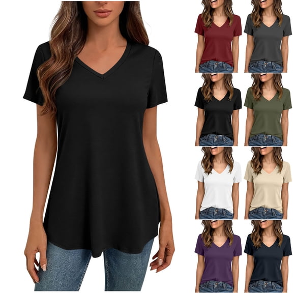 Feancey V Neck Tunic Tops for Women Dressy Casual Blouse Solid Color Short Sleeve Summer Tees Lightweight Breathable Gym Workout T-Shirts White S