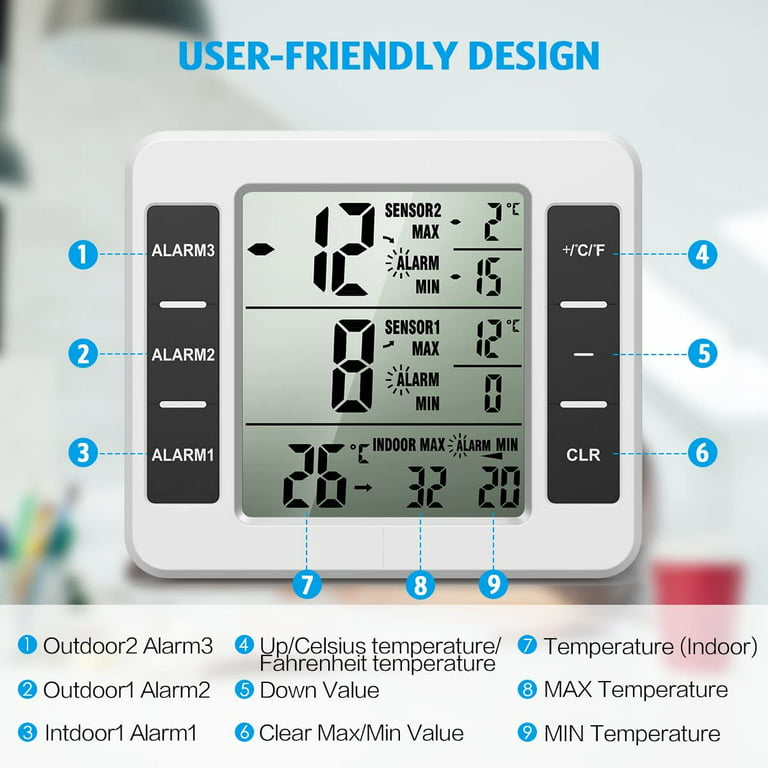 Refrigerator Thermometer, Wireless Indoor Outdoor Digital Thermometer, 2 Pcs Remote Sensor Temperature Monitor Gauge with Audible Alarm, Min/Max