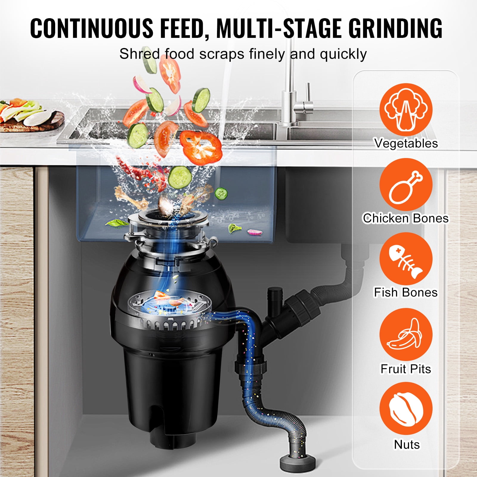 VEVOR Garbage Disposal, 1.25HP 3360RPM Continuous Feed Food Waste Disposer, EZ Connect Food Waste Grinding System with Sound Reduction, Power Cord & Splash Guard for Kitchen Sinks