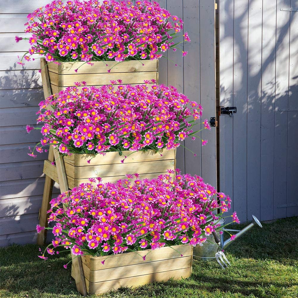 6 Bundles Outdoor Artificial Daisies Fake Flowers UV Resistant Shrubs, Faux Plastic Greenery for Indoor Outside Hanging Plants Garden Porch Window Box Home Wedding Farmhouse Decor (White)