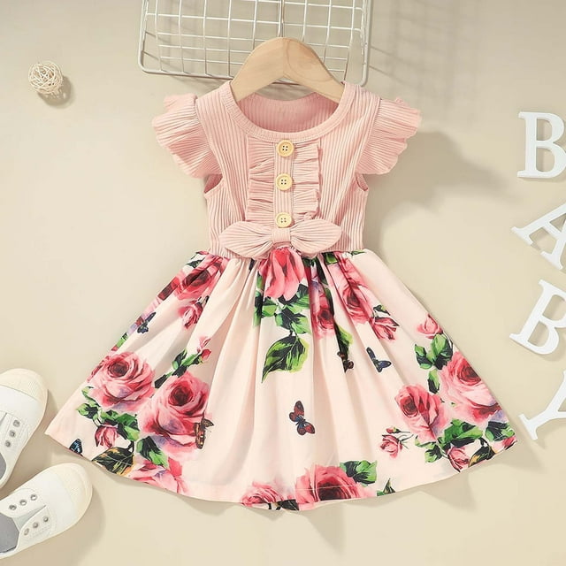 DPTALR Toddler Kids Baby Girls Summer Dress Ruffled Sleeveless Stitching Floral Dress