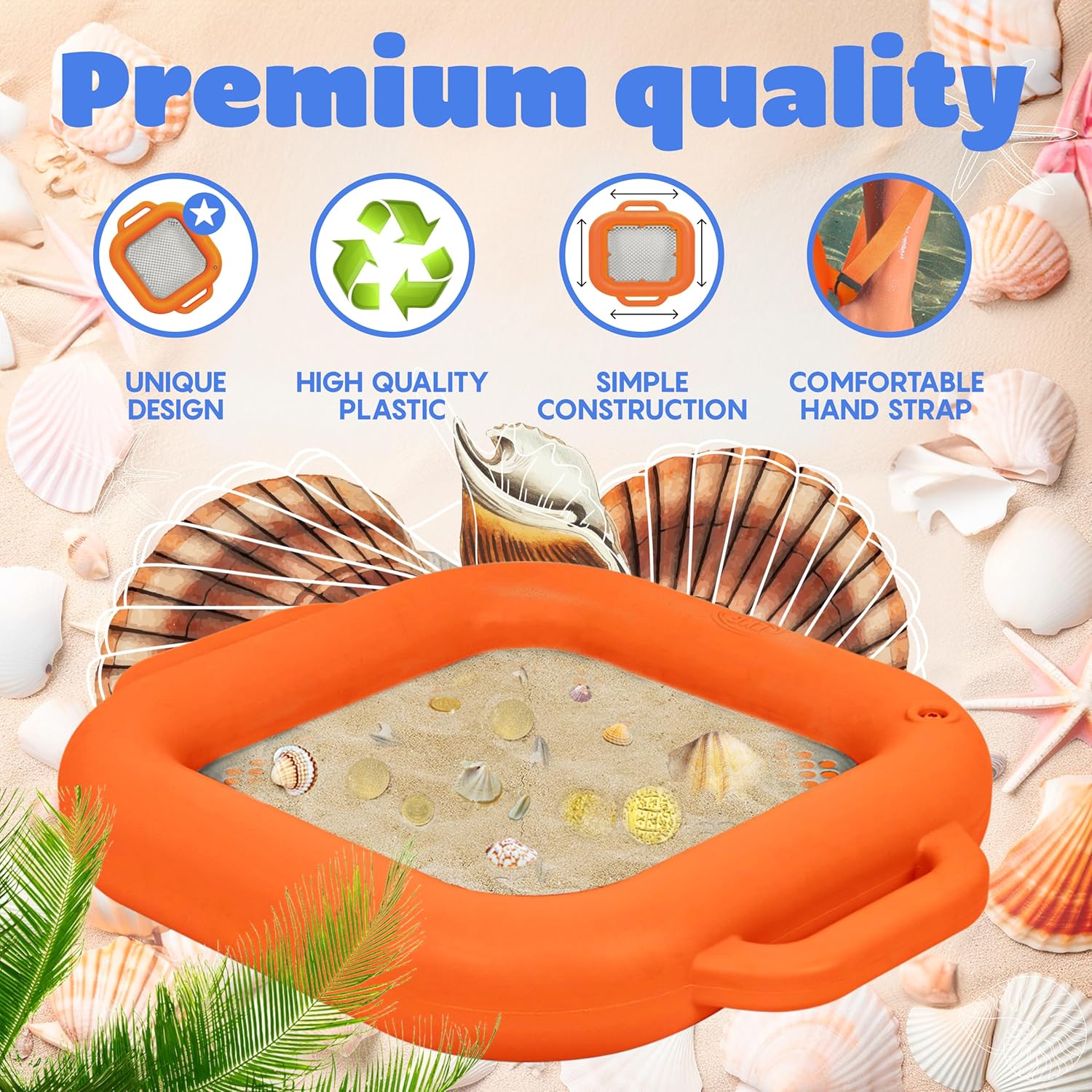 CKG Floating Shark Tooth Sifter for Fossil Hunting and Shark Teeth, Sand Sifter for The Beach with Stainless Steel Mesh & Durable Plastic and Wrist Strap, Orange Color