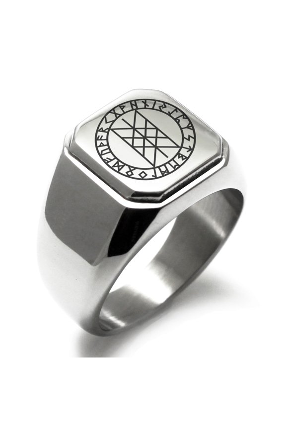Stainless Steel Vegvisir Web of Wyrd Skuld’s Net Viking Engraved Square Flat Top Biker Style Polished Signet Ring