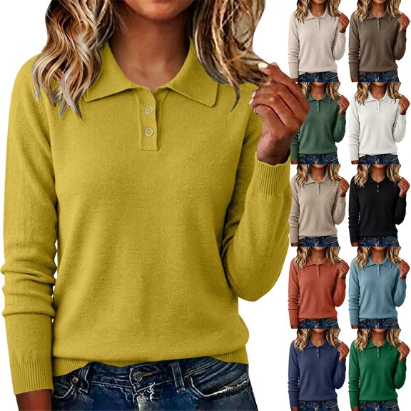 Women Polo V Neck Lightweight Warm Fall Sweaters Long Sleeve Collared Lapel Pullover,Basic Knit Business Casual Work Office Top,2026 Fall Trendy Cozy Fashion Outfits,Dressy Cute Clothing Yellow